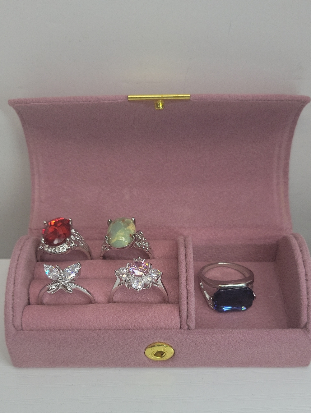 Pink Velvet Travel Jewelry Box with Size7 Rings